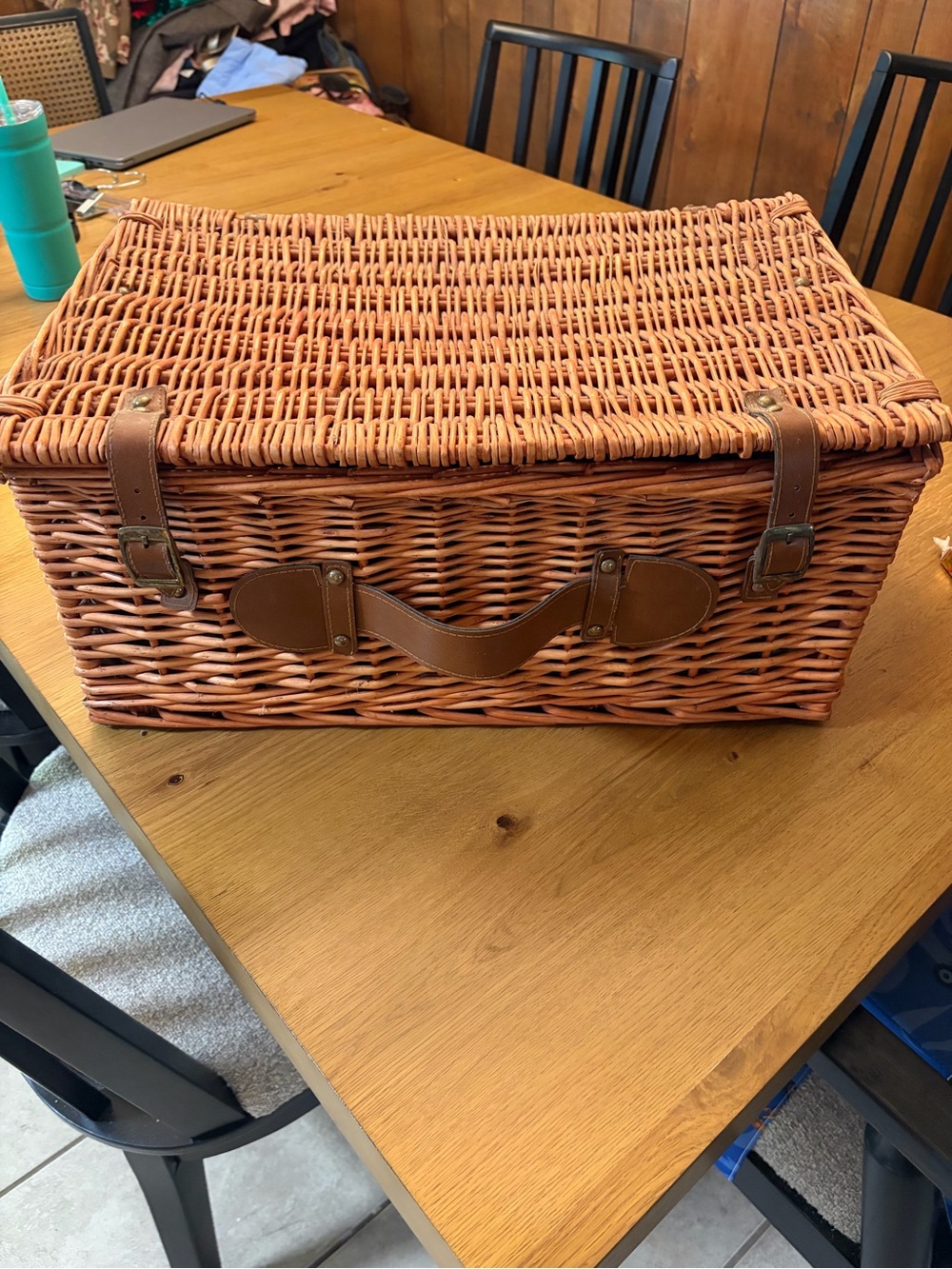 Woven Picnic & Storage Basket with Leather-Style Handle - Brown
